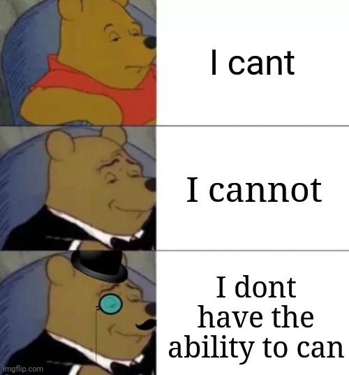 E | I cant; I cannot; I dont have the ability to can | image tagged in fancy pooh,memes | made w/ Imgflip meme maker