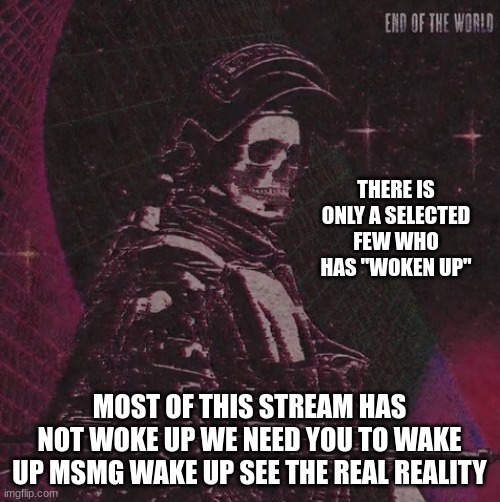 wake up msmg this isnt what you guys think is reality | THERE IS ONLY A SELECTED FEW WHO HAS "WOKEN UP"; MOST OF THIS STREAM HAS NOT WOKE UP WE NEED YOU TO WAKE UP MSMG WAKE UP SEE THE REAL REALITY | image tagged in playbois announcement temp | made w/ Imgflip meme maker