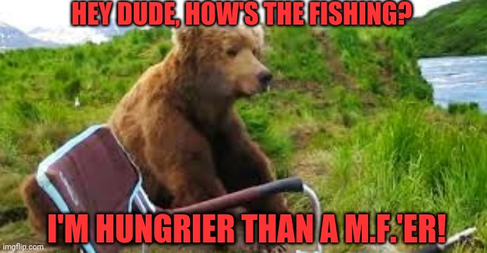 Fishing | HEY DUDE, HOW'S THE FISHING? I'M HUNGRIER THAN A M.F.'ER! | image tagged in bear,bear grylls,confession bear,how about no bear,bad luck bear,facepalm bear | made w/ Imgflip meme maker
