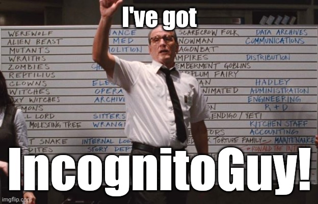 Cabin in the Woods betting board | I've got IncognitoGuy! | image tagged in cabin in the woods betting board | made w/ Imgflip meme maker