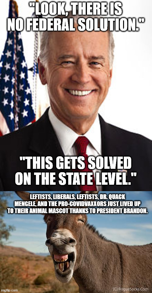 Thanks Brandon! What will he do next to make his side look like complete jackasses? | "LOOK, THERE IS NO FEDERAL SOLUTION."; "THIS GETS SOLVED ON THE STATE LEVEL."; LEFTISTS, LIBERALS, LEFTISTS, DR. QUACK MENGELE, AND THE PRO-COVIDVAXXORS JUST LIVED UP TO THEIR ANIMAL MASCOT THANKS TO PRESIDENT BRANDON. | image tagged in joe biden,donkey jackass braying,political meme,stupid liberals,lgb | made w/ Imgflip meme maker
