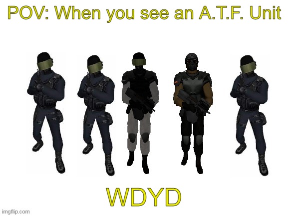 A.T.F.: Anti-anime Task Force (Actually Global Gereral Serve Task Force) | POV: When you see an A.T.F. Unit; WDYD | image tagged in you are coming with us a t f | made w/ Imgflip meme maker