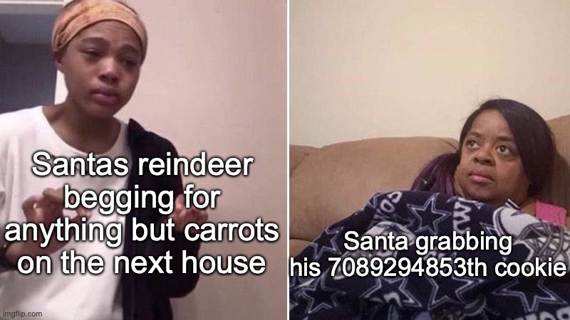bro its 3:26 am | Santas reindeer begging for anything but carrots on the next house; Santa grabbing his 7089294853th cookie | image tagged in memes | made w/ Imgflip meme maker