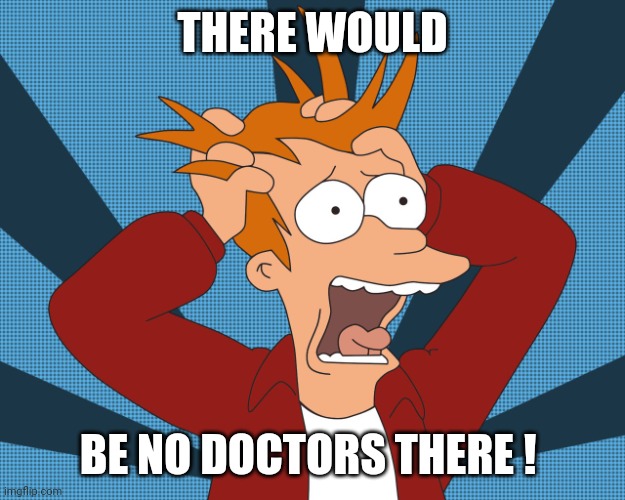 Futurama Fry screaming | THERE WOULD BE NO DOCTORS THERE ! | image tagged in futurama fry screaming | made w/ Imgflip meme maker
