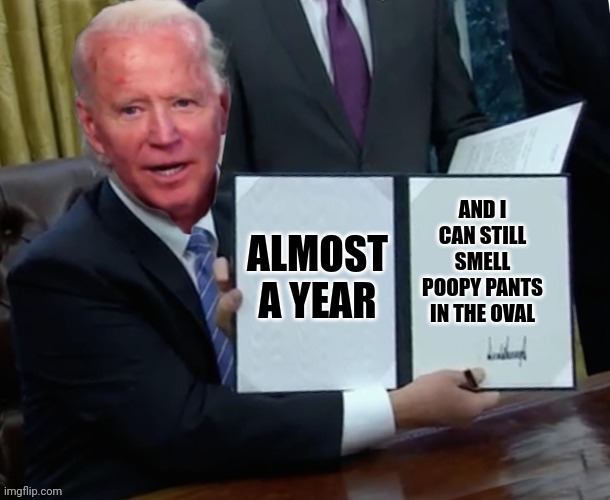 Diaper Don still around | AND I CAN STILL SMELL POOPY PANTS IN THE OVAL; ALMOST A YEAR | image tagged in biden executive order | made w/ Imgflip meme maker
