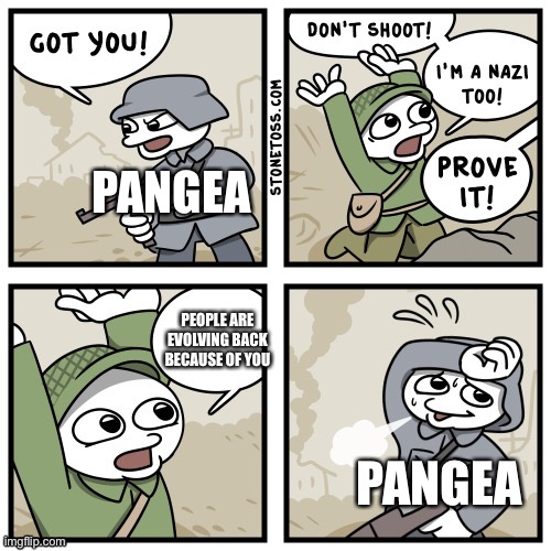 uhh | PANGEA; PEOPLE ARE EVOLVING BACK BECAUSE OF YOU; PANGEA | image tagged in i'm a nazi too | made w/ Imgflip meme maker
