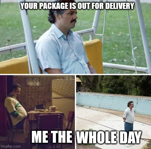 Sad Pablo Escobar |  YOUR PACKAGE IS OUT FOR DELIVERY; ME THE; WHOLE DAY | image tagged in memes,sad pablo escobar,delivery | made w/ Imgflip meme maker