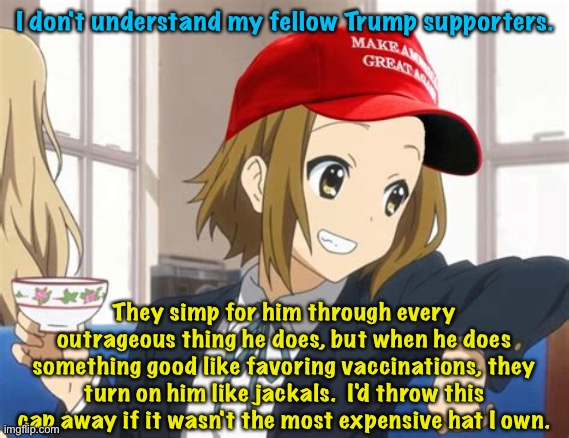Trump supporters | I don't understand my fellow Trump supporters. They simp for him through every outrageous thing he does, but when he does something good like favoring vaccinations, they turn on him like jackals.  I'd throw this cap away if it wasn't the most expensive hat I own. | image tagged in maga anime | made w/ Imgflip meme maker
