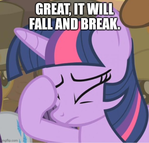 Mlp Twilight Sparkle facehoof | GREAT, IT WILL FALL AND BREAK. | image tagged in mlp twilight sparkle facehoof | made w/ Imgflip meme maker