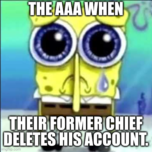 R.I.P. AAA Chief. F in the chat Plz. Upvote and Repost to spread the reminder. | THE AAA WHEN; THEIR FORMER CHIEF DELETES HIS ACCOUNT. | image tagged in sad spongebob | made w/ Imgflip meme maker