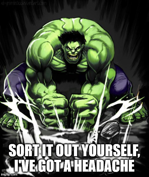 Hulk Smash | SORT IT OUT YOURSELF, I'VE GOT A HEADACHE | image tagged in hulk smash | made w/ Imgflip meme maker