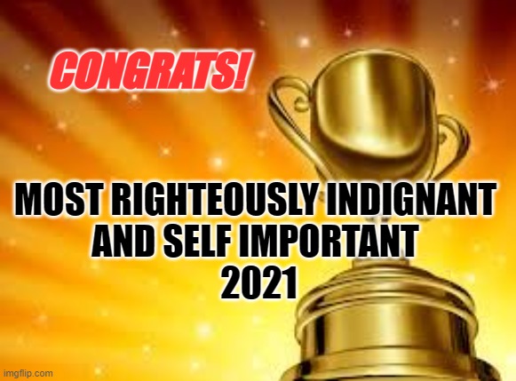 Righteously Indignant | CONGRATS! MOST RIGHTEOUSLY INDIGNANT 
AND SELF IMPORTANT 
2021 | image tagged in award,self righteous,self important | made w/ Imgflip meme maker
