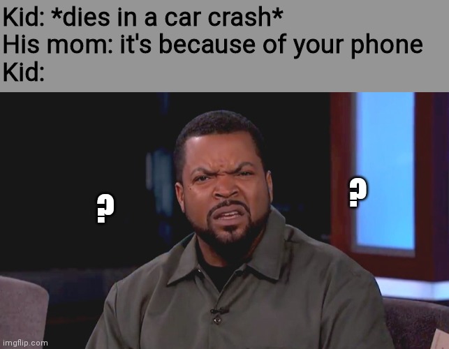 Kid: *dies in a car crash*
His mom: it's because of your phone
Kid:; ? ? | image tagged in question mark,really ice cube | made w/ Imgflip meme maker