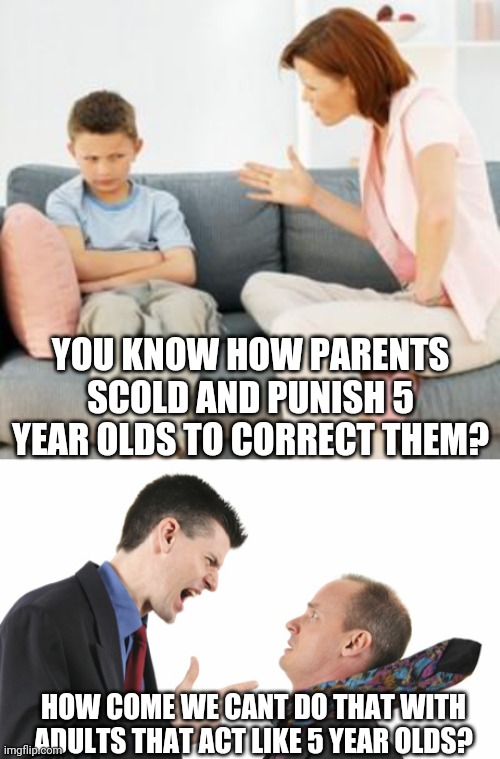 Seriously, there are some out there that just need a good scolding and the belt... | YOU KNOW HOW PARENTS SCOLD AND PUNISH 5 YEAR OLDS TO CORRECT THEM? HOW COME WE CANT DO THAT WITH ADULTS THAT ACT LIKE 5 YEAR OLDS? | image tagged in parent scolding child,boss scolding | made w/ Imgflip meme maker