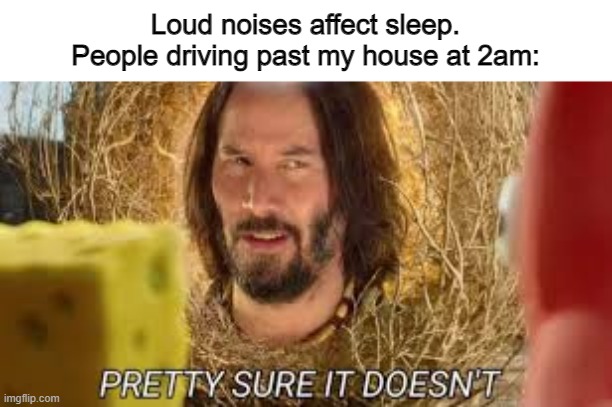 Pretty sure it doesn't | Loud noises affect sleep.
People driving past my house at 2am: | image tagged in pretty sure it doesn't | made w/ Imgflip meme maker