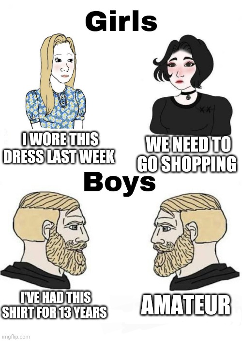 Girls vs Boys | I WORE THIS DRESS LAST WEEK; WE NEED TO GO SHOPPING; AMATEUR; I'VE HAD THIS SHIRT FOR 13 YEARS | image tagged in girls vs boys,boys vs girls | made w/ Imgflip meme maker