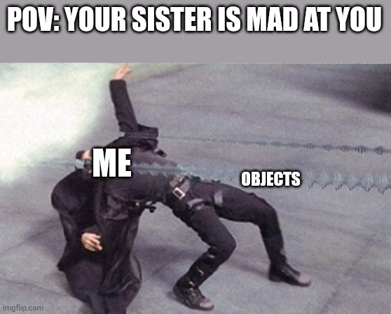 neo dodging a bullet matrix | POV: YOUR SISTER IS MAD AT YOU; ME; OBJECTS | image tagged in neo dodging a bullet matrix | made w/ Imgflip meme maker