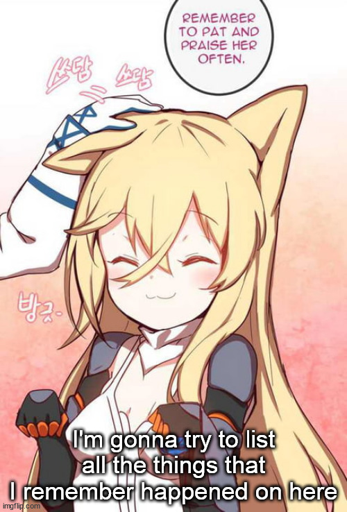 Remember to pat and praise her often | I'm gonna try to list all the things that I remember happened on here | image tagged in remember to pat and praise her often | made w/ Imgflip meme maker
