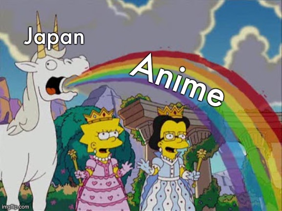 Anime Meme | Japan; Anime | image tagged in puking rainbows the simpsons,memes,anime meme,weaboo,otaku,weebs | made w/ Imgflip meme maker