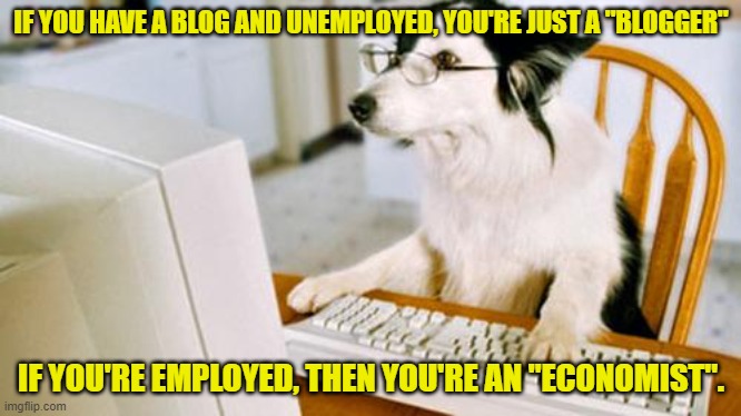 Dog computer | IF YOU HAVE A BLOG AND UNEMPLOYED, YOU'RE JUST A "BLOGGER"; IF YOU'RE EMPLOYED, THEN YOU'RE AN "ECONOMIST". | image tagged in dog computer | made w/ Imgflip meme maker