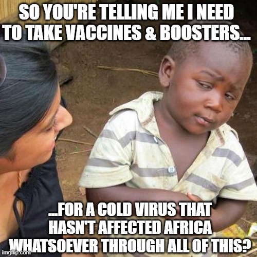 Third World totally fine despite 7% vaccination rate (it's all hoax, idiots) | SO YOU'RE TELLING ME I NEED TO TAKE VACCINES & BOOSTERS... ...FOR A COLD VIRUS THAT HASN'T AFFECTED AFRICA WHATSOEVER THROUGH ALL OF THIS? | image tagged in memes,third world skeptical kid,vaccine,vaccines,covid | made w/ Imgflip meme maker