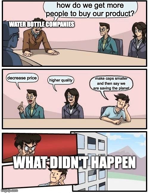 we see this everywhere | how do we get more people to buy our product? WATER BOTTLE COMPANIES; decrease price; higher quality; make caps smaller and then say we are saving the planet; WHAT DIDN'T HAPPEN | image tagged in memes,boardroom meeting suggestion,water bottle,best memes,funny memes,fun stream | made w/ Imgflip meme maker