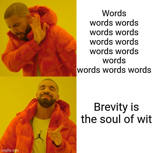 Drake Hotline Bling Meme | Words words words words words words words words words words words words words Brevity is the soul of wit | image tagged in memes,drake hotline bling | made w/ Imgflip meme maker