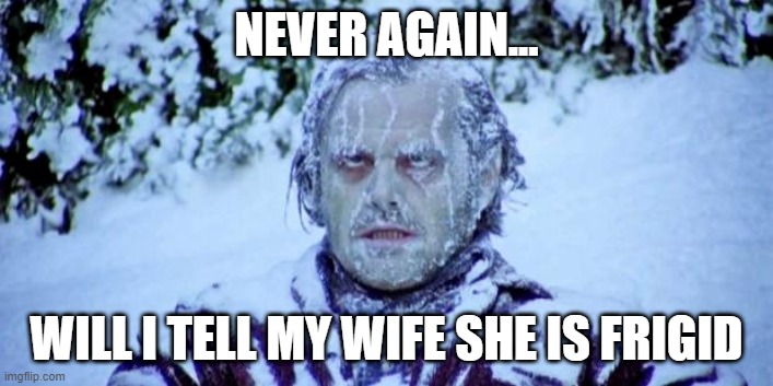 The Shining winter | NEVER AGAIN... WILL I TELL MY WIFE SHE IS FRIGID | image tagged in the shining winter | made w/ Imgflip meme maker