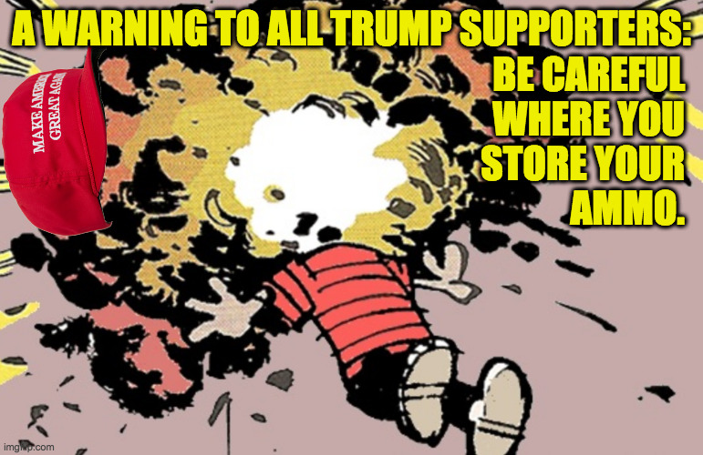 A WARNING TO ALL TRUMP SUPPORTERS: BE CAREFUL
WHERE YOU
STORE YOUR
AMMO. | made w/ Imgflip meme maker