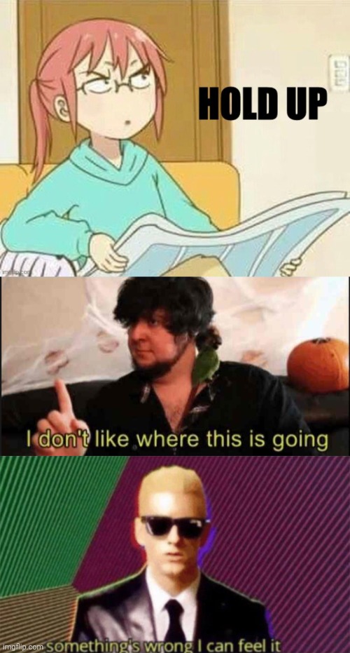 image tagged in anime girl hold up,jontron i don't like where this is going,something's wrong i can feel it | made w/ Imgflip meme maker