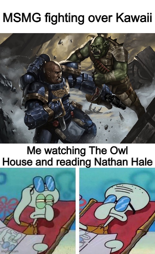 Space marine fighting a Ork while Squidward doesn't care | MSMG fighting over Kawaii; Me watching The Owl House and reading Nathan Hale | image tagged in space marine fighting a ork while squidward doesn't care | made w/ Imgflip meme maker