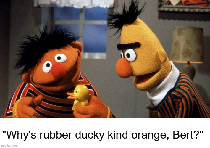 Ernie and Bert discuss Rubber Duckie | "Why's rubber ducky kind orange, Bert?" | image tagged in ernie and bert discuss rubber duckie | made w/ Imgflip meme maker