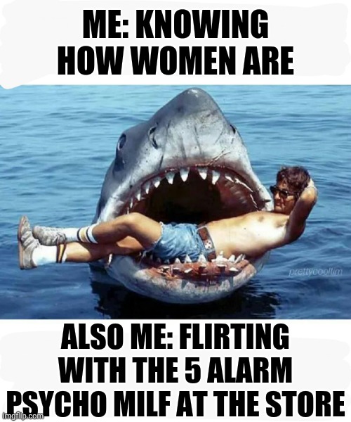 Funny | ME: KNOWING HOW WOMEN ARE; ALSO ME: FLIRTING WITH THE 5 ALARM PSYCHO MILF AT THE STORE | image tagged in funny | made w/ Imgflip meme maker