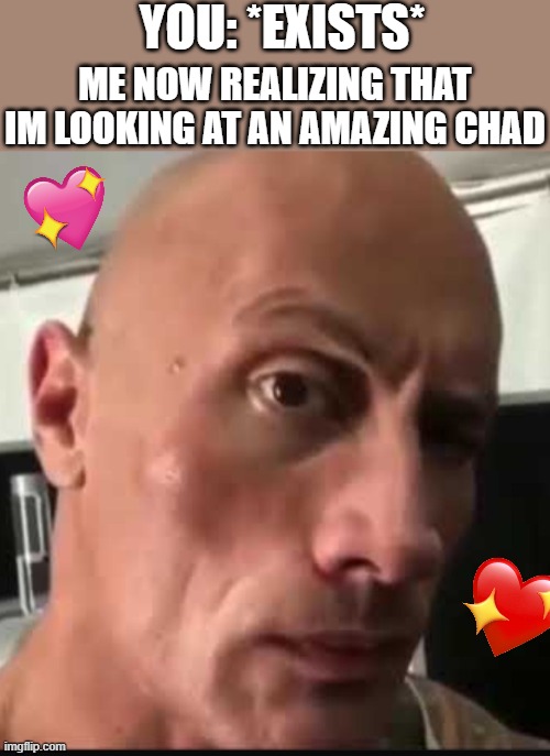 ayo? am i actually? | YOU: *EXISTS*; ME NOW REALIZING THAT IM LOOKING AT AN AMAZING CHAD | image tagged in dwayne johnson eyebrow raise,wholesome | made w/ Imgflip meme maker