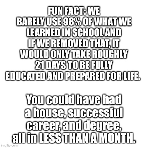 Fun fact with bacon-hair-official! | FUN FACT: WE BARELY USE 98% OF WHAT WE LEARNED IN SCHOOL AND IF WE REMOVED THAT, IT WOULD ONLY TAKE ROUGHLY 21 DAYS TO BE FULLY EDUCATED AND PREPARED FOR LIFE. You could have had a house, successful career, and degree, all in LESS THAN A MONTH. | image tagged in memes,blank transparent square,school,why are you reading this | made w/ Imgflip meme maker
