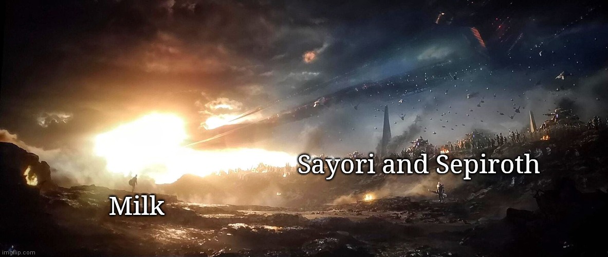 Felt like making this cause yes | Sayori and Sepiroth; Milk | image tagged in captain america vs thanos army | made w/ Imgflip meme maker