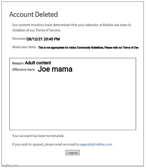 banned from ROBLOX | 28/12/21 20:45 PM This is not appropriate for roblox Community Guidelines, Please visit our Terms of Use Adult content Joe mama | image tagged in banned from roblox | made w/ Imgflip meme maker