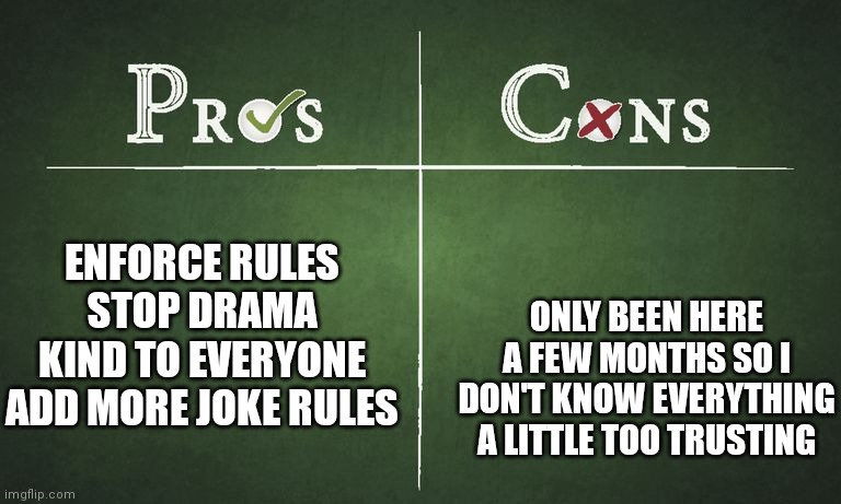 Pros and cons if I ever get owner | ONLY BEEN HERE A FEW MONTHS SO I DON'T KNOW EVERYTHING
A LITTLE TOO TRUSTING; ENFORCE RULES
STOP DRAMA
KIND TO EVERYONE
ADD MORE JOKE RULES | image tagged in pros and cons | made w/ Imgflip meme maker