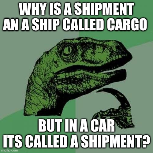 Philosoraptor | WHY IS A SHIPMENT AN A SHIP CALLED CARGO; BUT IN A CAR ITS CALLED A SHIPMENT? | image tagged in memes,philosoraptor | made w/ Imgflip meme maker