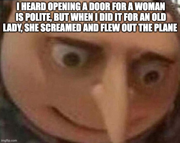 gru meme | I HEARD OPENING A DOOR FOR A WOMAN IS POLITE, BUT WHEN I DID IT FOR AN OLD LADY, SHE SCREAMED AND FLEW OUT THE PLANE | image tagged in gru meme | made w/ Imgflip meme maker