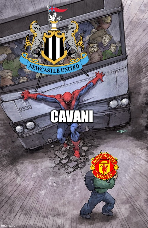 Newcastle 1 vs Man United 1 | CAVANI | image tagged in spidey stopping bus,newcastle,manchester united,premier league,football,soccer | made w/ Imgflip meme maker