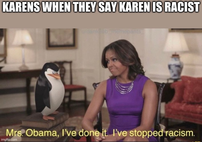 Mrs. Obama, I've done it. I've stopped racism | KARENS WHEN THEY SAY KAREN IS RACIST | image tagged in mrs obama i've done it i've stopped racism | made w/ Imgflip meme maker