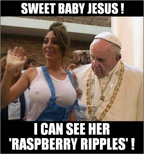 Come To Papa ! | SWEET BABY JESUS ! I CAN SEE HER 'RASPBERRY RIPPLES' ! | image tagged in pope,staring,nipples | made w/ Imgflip meme maker