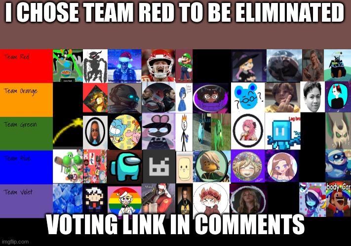 I CHOSE TEAM RED TO BE ELIMINATED; VOTING LINK IN COMMENTS | made w/ Imgflip meme maker