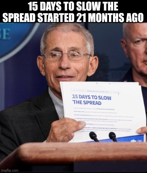 15 Days to Slow the Spread |  15 DAYS TO SLOW THE SPREAD STARTED 21 MONTHS AGO | image tagged in dr fauci,bull,artist | made w/ Imgflip meme maker
