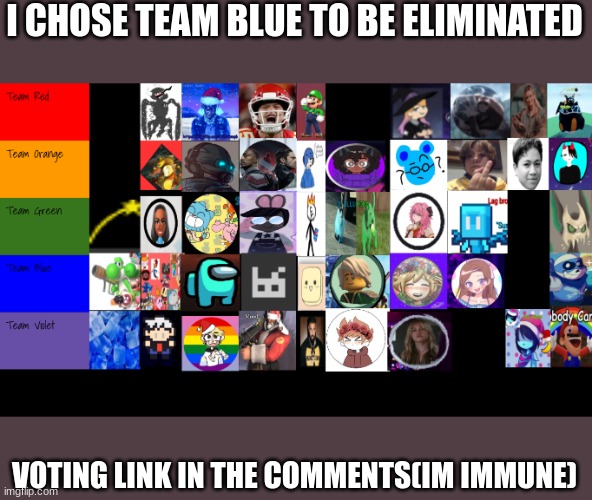 I CHOSE TEAM BLUE TO BE ELIMINATED; VOTING LINK IN THE COMMENTS(IM IMMUNE) | made w/ Imgflip meme maker