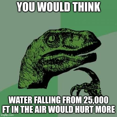 Philosoraptor Meme | YOU WOULD THINK; WATER FALLING FROM 25,000 FT IN THE AIR WOULD HURT MORE | image tagged in memes,philosoraptor | made w/ Imgflip meme maker
