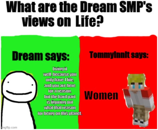 True? | Life? Living it well, because you only have 1 life, and you are here for a reason, but the hard part is figuring out what that reason for being on this planet. Women | image tagged in dream smp views | made w/ Imgflip meme maker