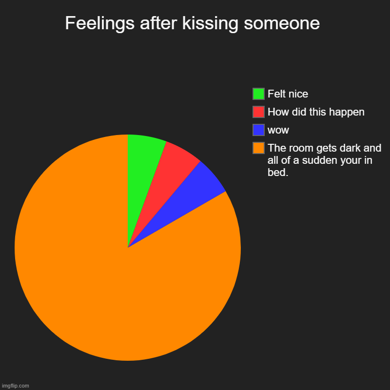 Trust me you all agree | Feelings after kissing someone | The room gets dark and all of a sudden your in bed., wow, How did this happen, Felt nice | image tagged in charts,pie charts,kiss,dream,sad,funny | made w/ Imgflip chart maker