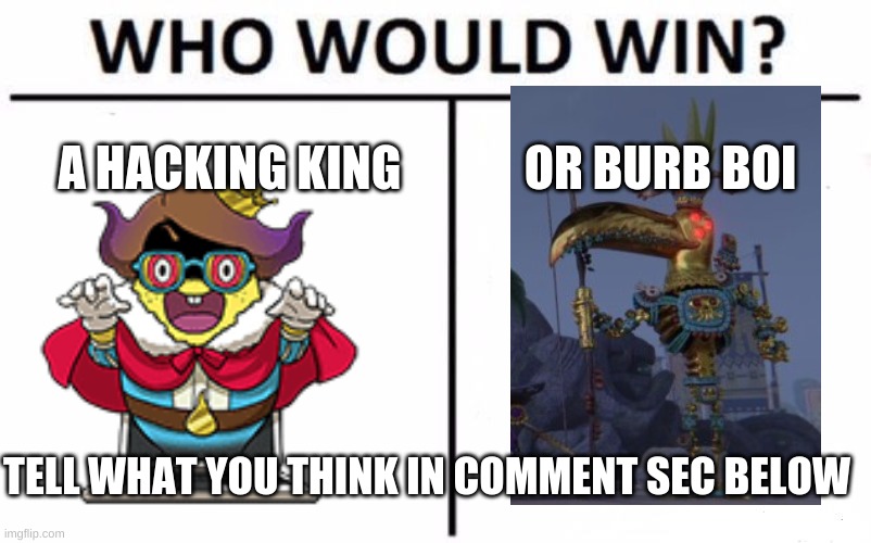 vs | A HACKING KING; OR BURB BOI; TELL WHAT YOU THINK IN COMMENT SEC BELOW | image tagged in memes,who would win | made w/ Imgflip meme maker